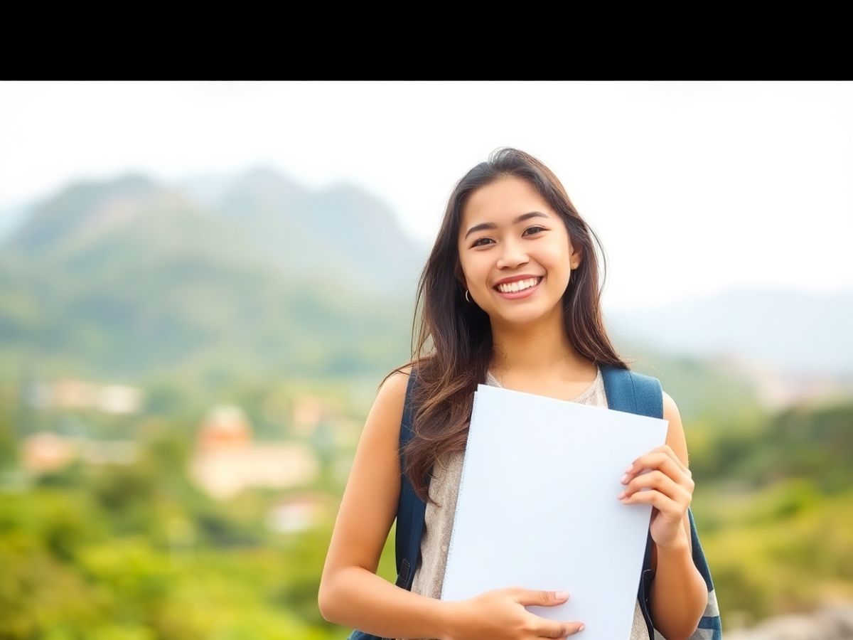 Student bucuros zâmbind cu o mapă în mână.