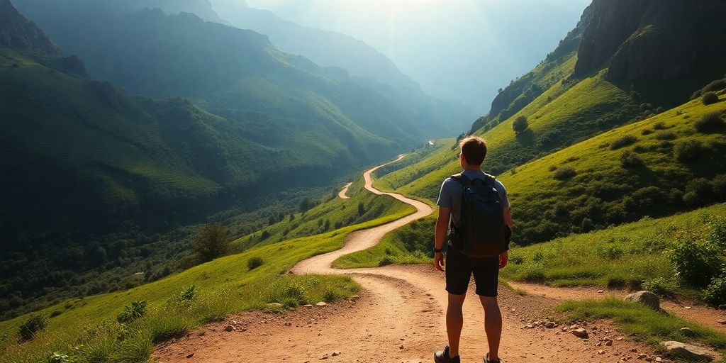 Mountain path journey with traveler silhouette at dawn.
