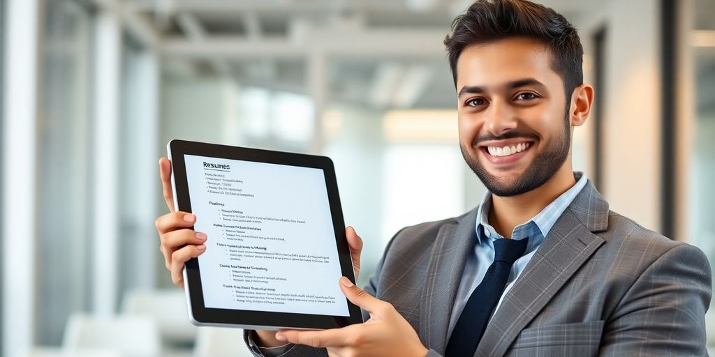 Person smiling, holding tablet with resume.