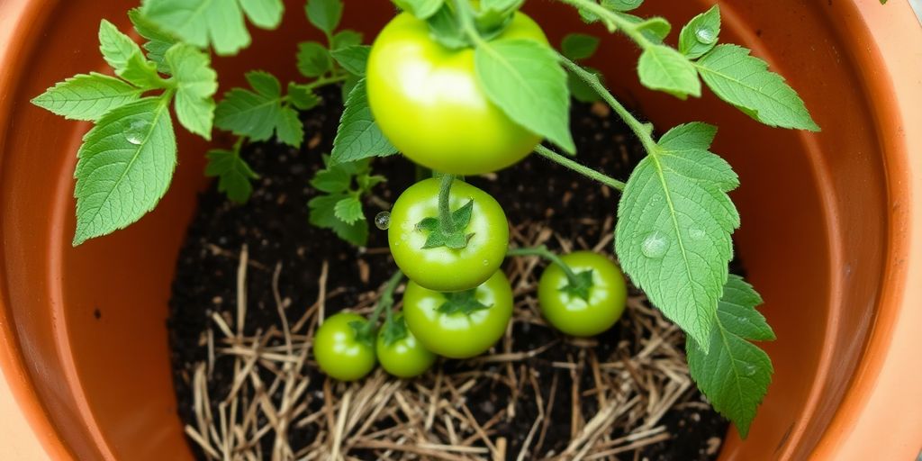 Mulchen von Tomaten im Kübel