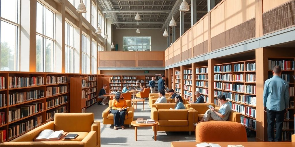 Interior of a lively library with books and readers.