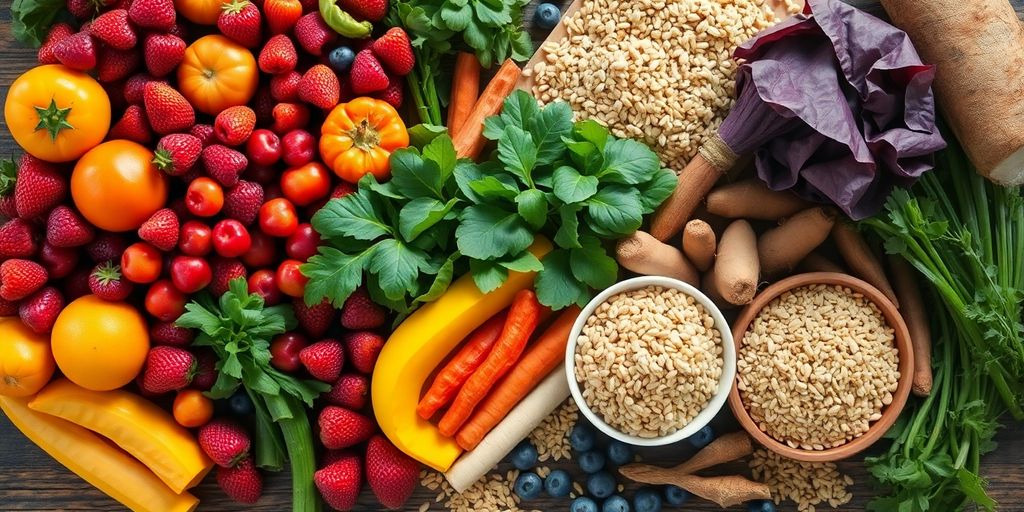 Colorful fruits, vegetables, whole grains.