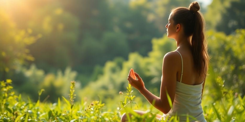 Person practicing trauma release exercises in a tranquil natural setting.