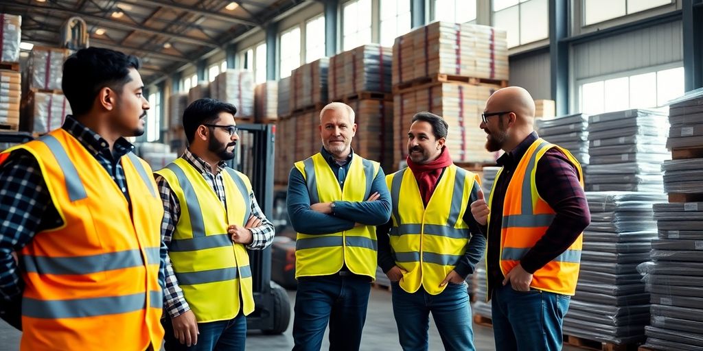 Warehouse team collaborating, moving goods efficiently.