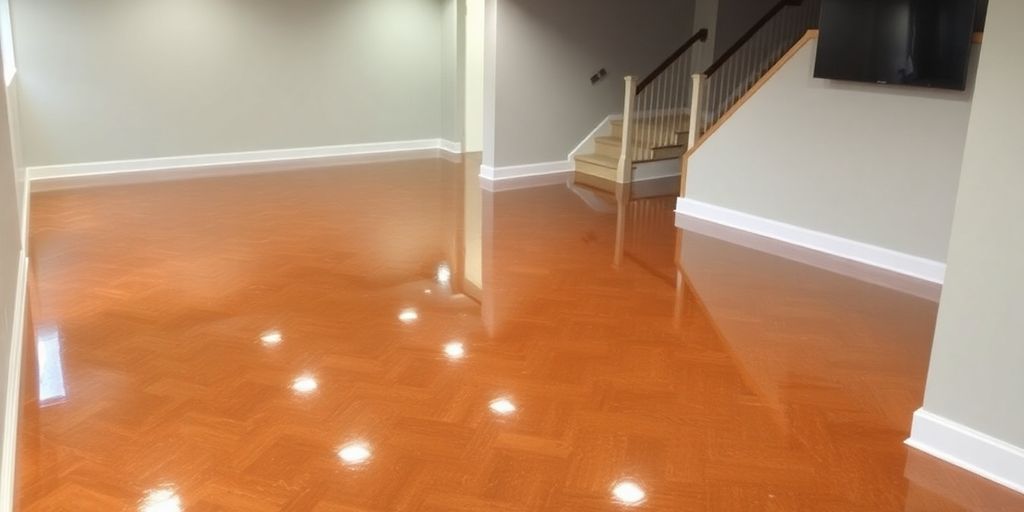 Modern epoxy flooring in a stylish basement interior.