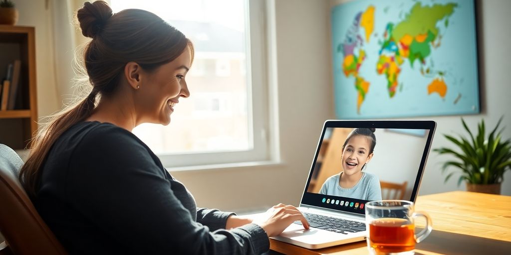 A woman teaching English online to a child.