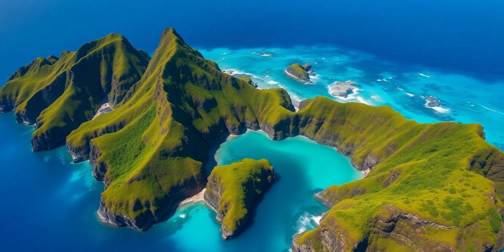 Dramatic cliffs meet turquoise lagoon in Marquesas Islands.