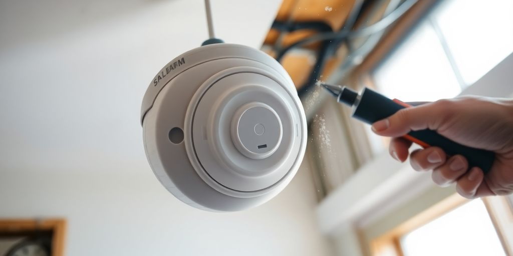 Smoke alarm on ceiling, electrician checking wiring.