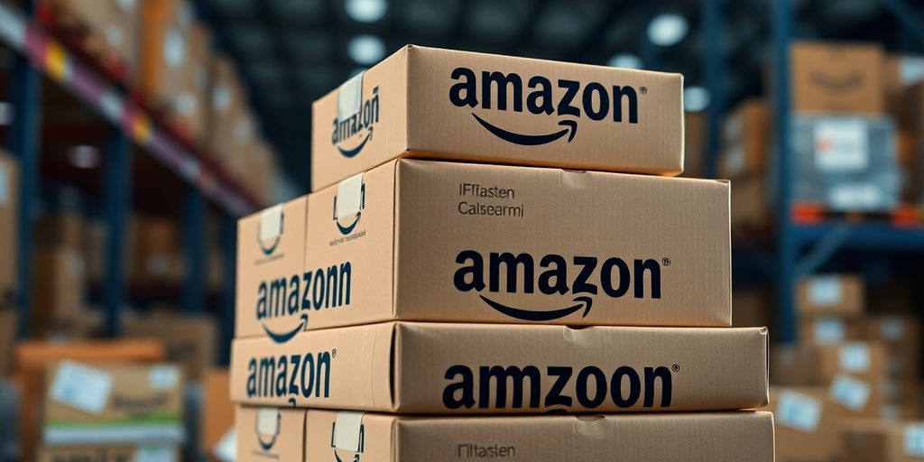 Stacked Amazon packages in a warehouse setting.