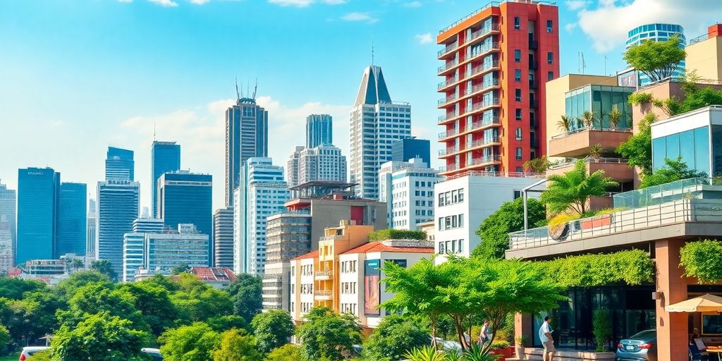 City skyline with co-working spaces and greenery for digital nomads.