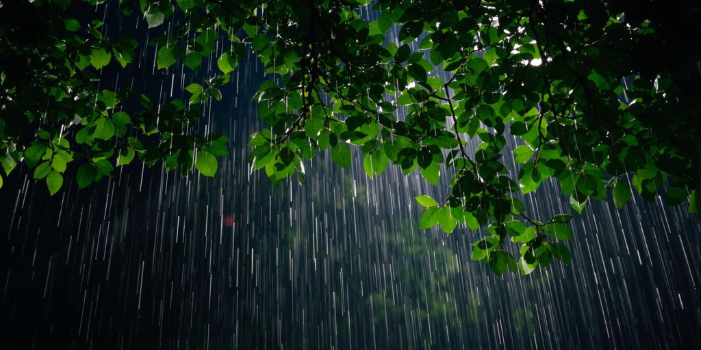 Tranquil rain falling on green leaves at night.