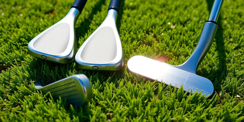Golf clubs arranged neatly on green grass.