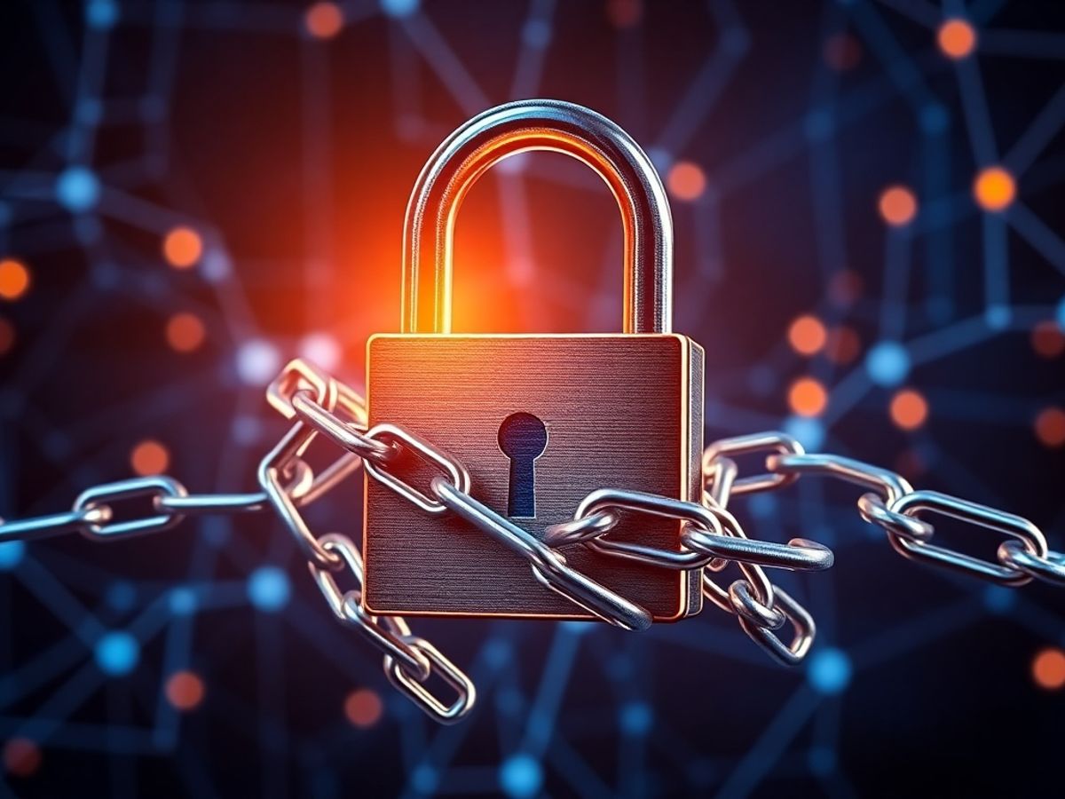 Digital padlock and blockchain chains in a network.
