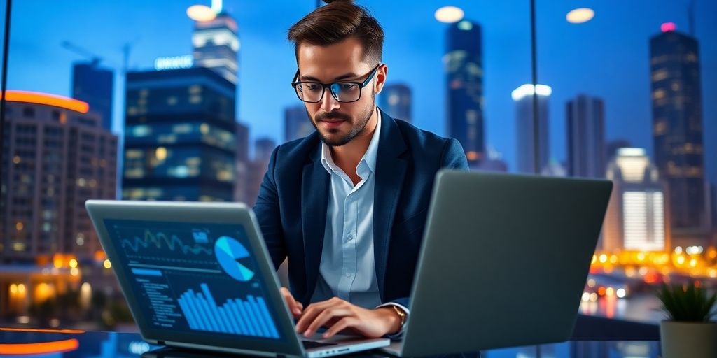 Business professional analyzing data in a modern office setting.