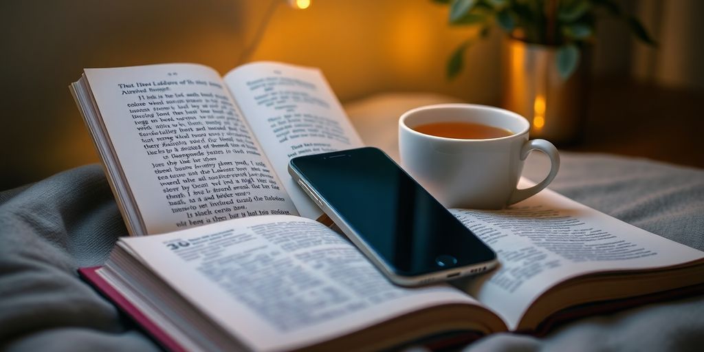 Cozy reading nook with smartphone and open book.