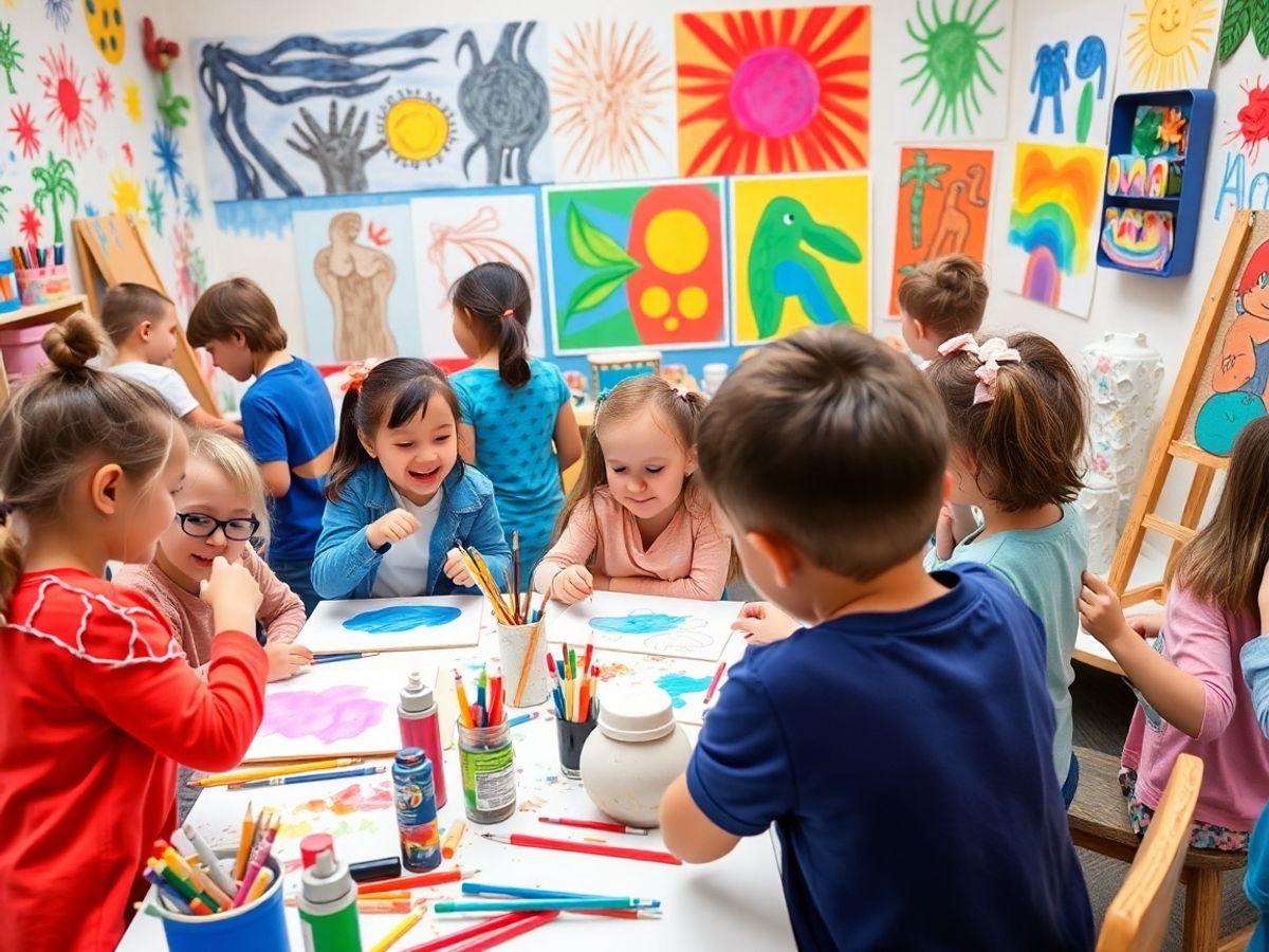 Copii la activități artistice, interacționând și creând.