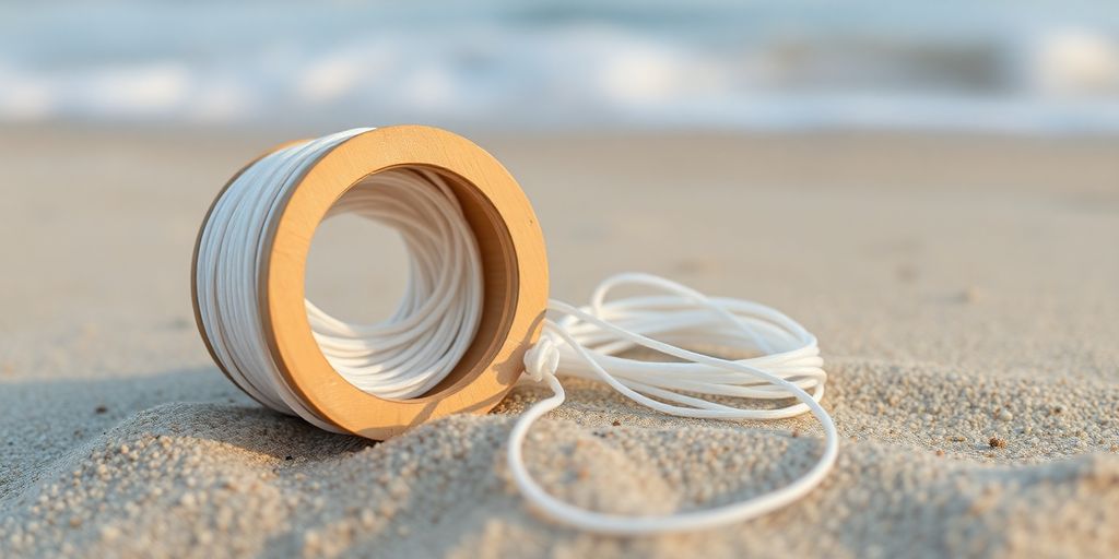 Plastic-free floss spool next to ocean waves.