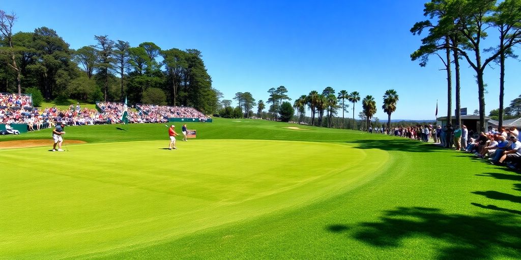 Golfers on a sunny course during a tournament.