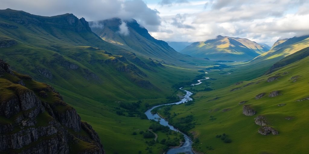Vue aérienne des Highlands écossais avec montagnes verdoyantes.