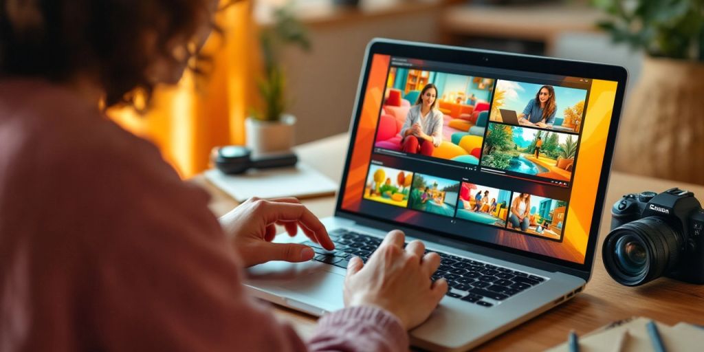 Person creating AI videos on a laptop in Arabic.