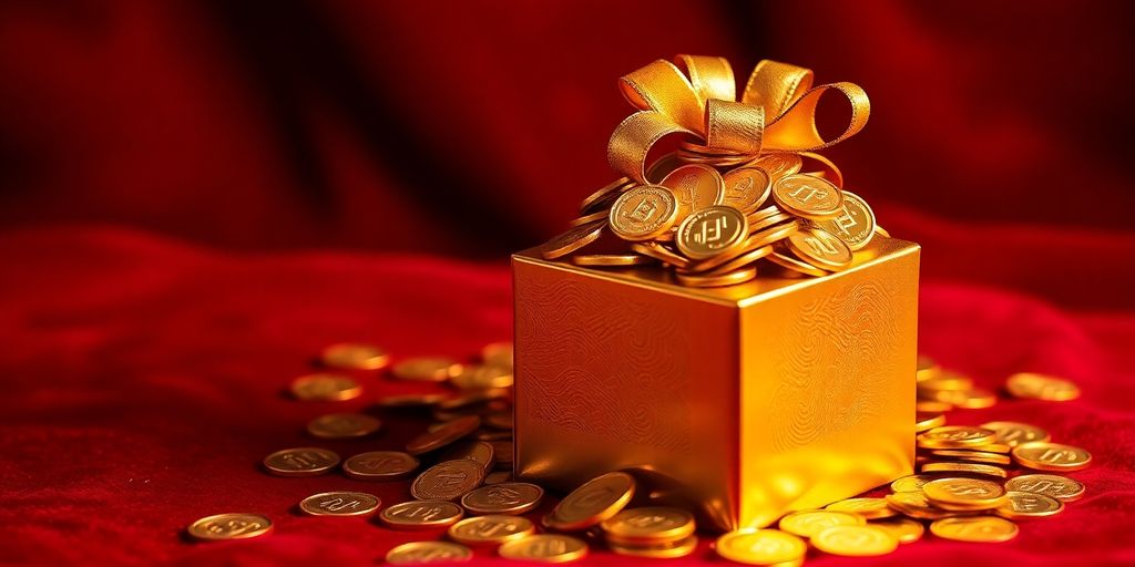 Coffret cadeau en or sur fond de velours rouge.