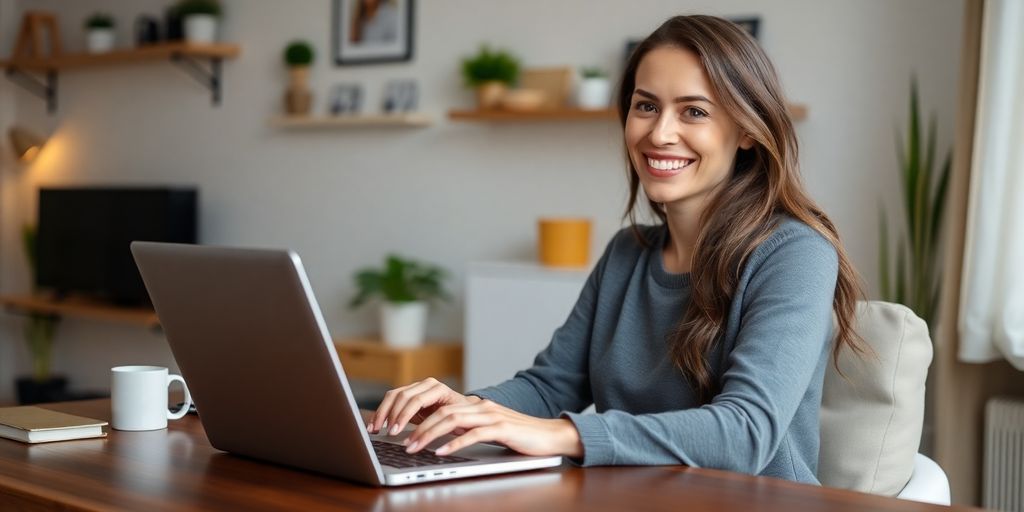 Woman smiling while working on a laptop at home.