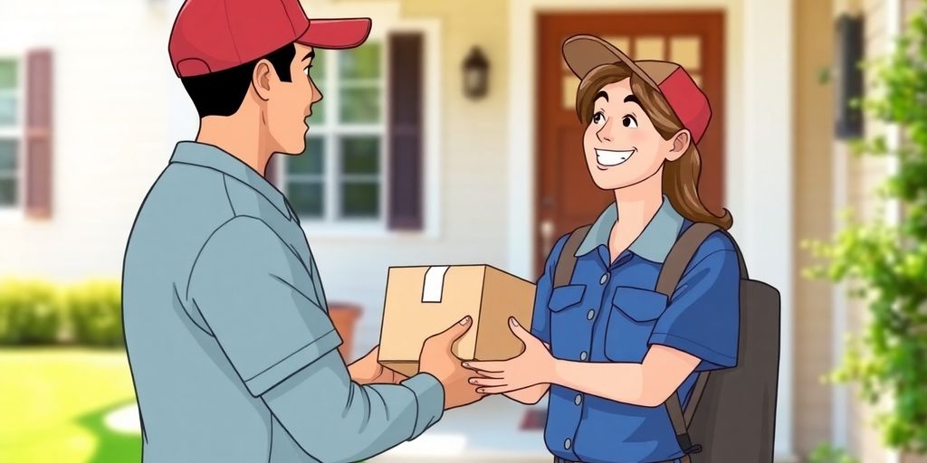 Driver delivers package, customer smiles