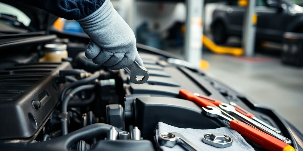 Mechanic inspecting car engine with tools.