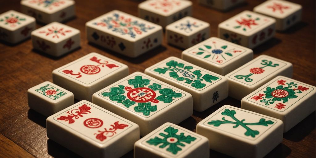 Intricately designed Mahjong tiles on a wooden table.