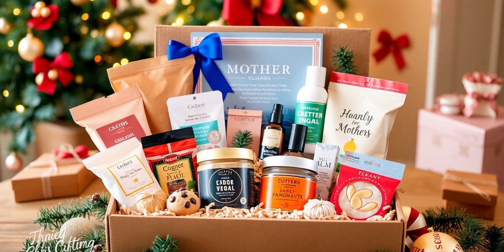 Gift box with subscription items for mothers at Christmas.