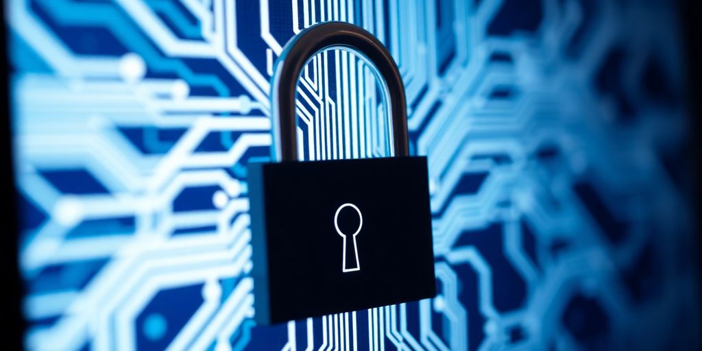 Digital lock on computer screen with circuit board background.