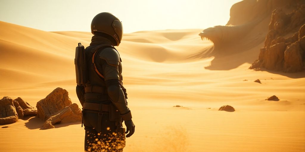 Dune: Awakening Wüstenlandschaft mit Charakter und Sandwurm