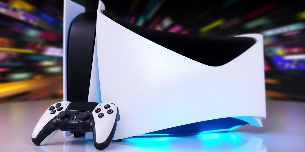 Console PlayStation 5 avec manette et fond coloré.