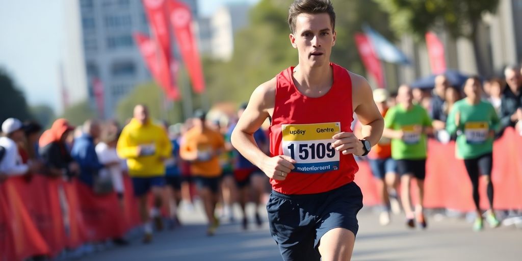 Runner competing in a 10K race on a sunny day.