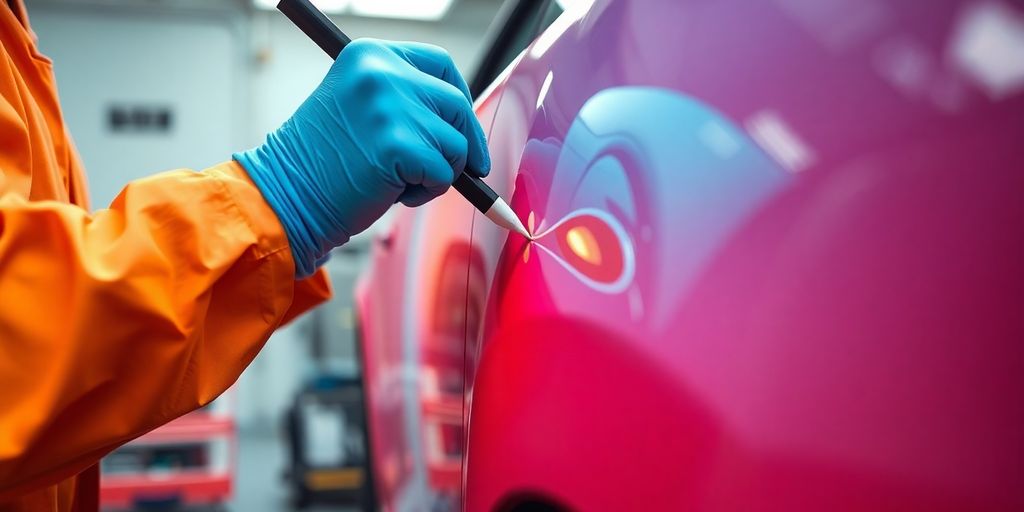 Technician painting a car in a professional workshop.