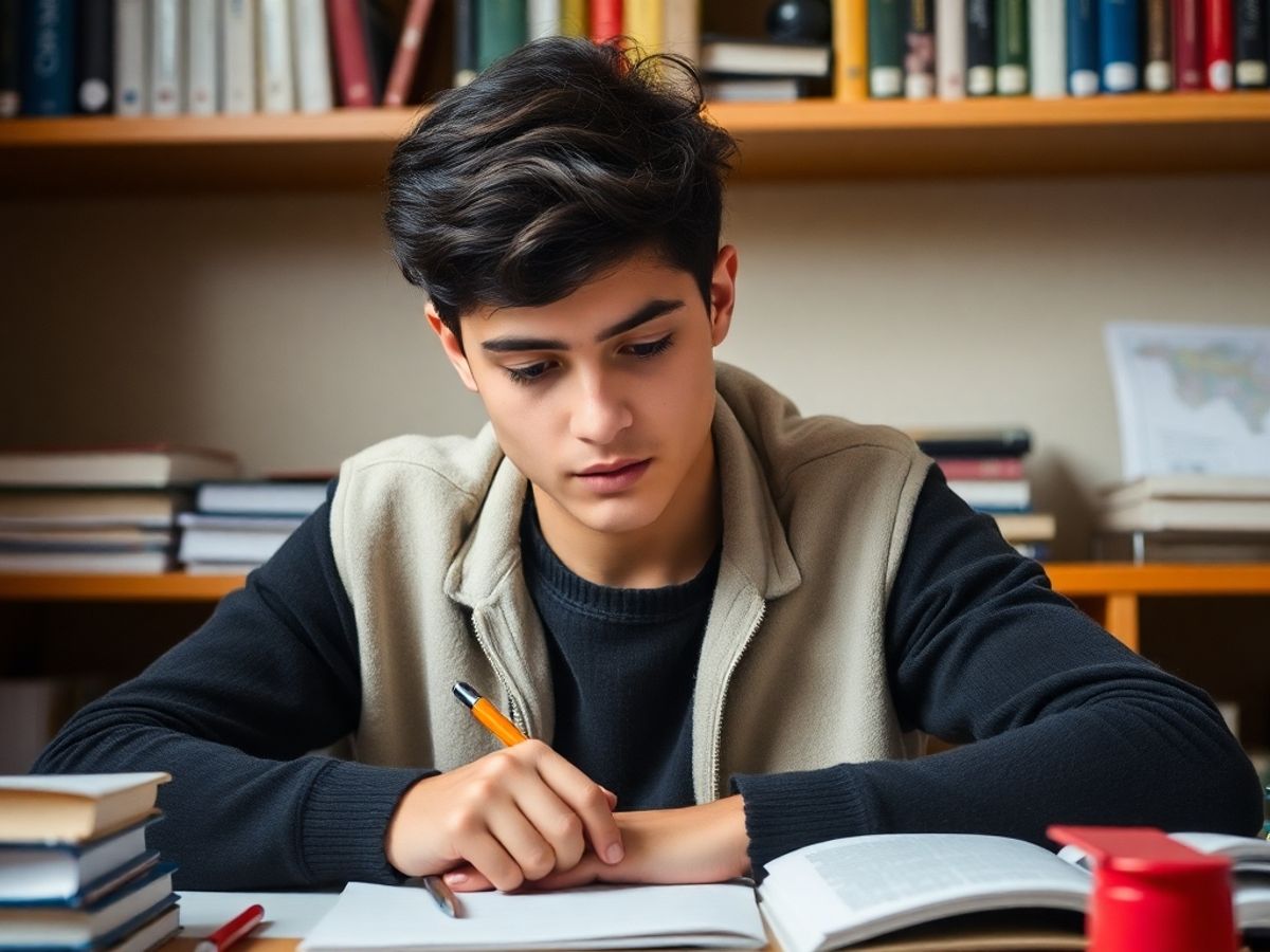 Student taking GRE exam in a study environment.
