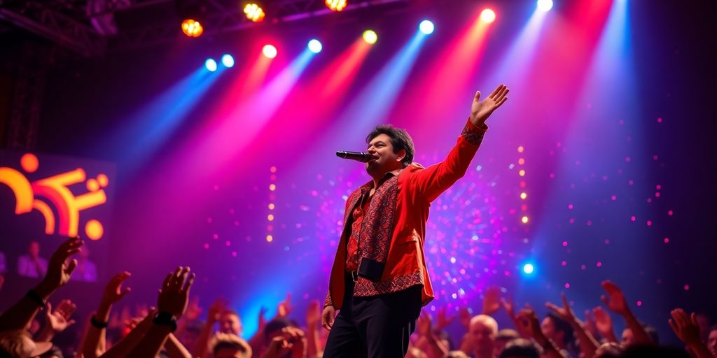 Sonu Nigam performing energetically on stage with lights.