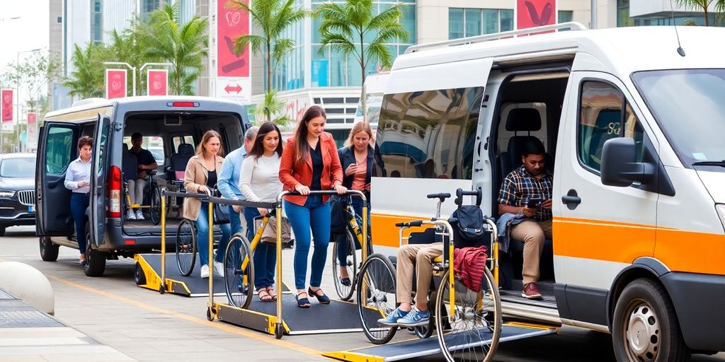 Grupo diverso utilizando transporte acessível em ambiente urbano.