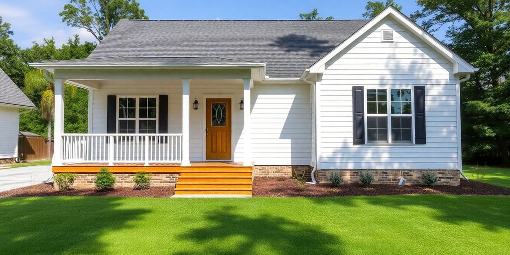 Modern home exterior with a large porch.