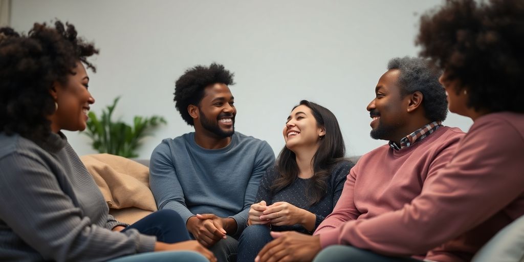 Diverse adults connecting intimately, minimalist setting.