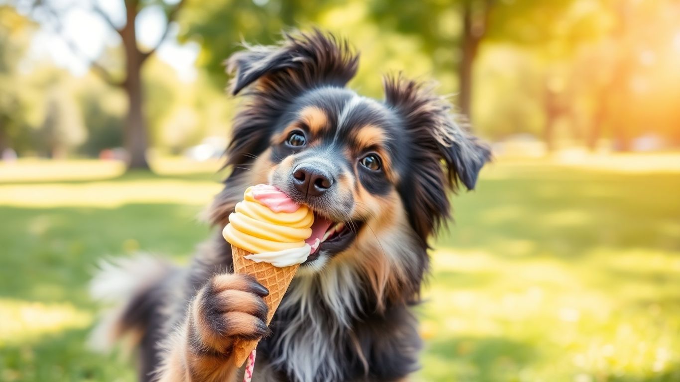 Dog licking ice cream cone on sunny summer grass