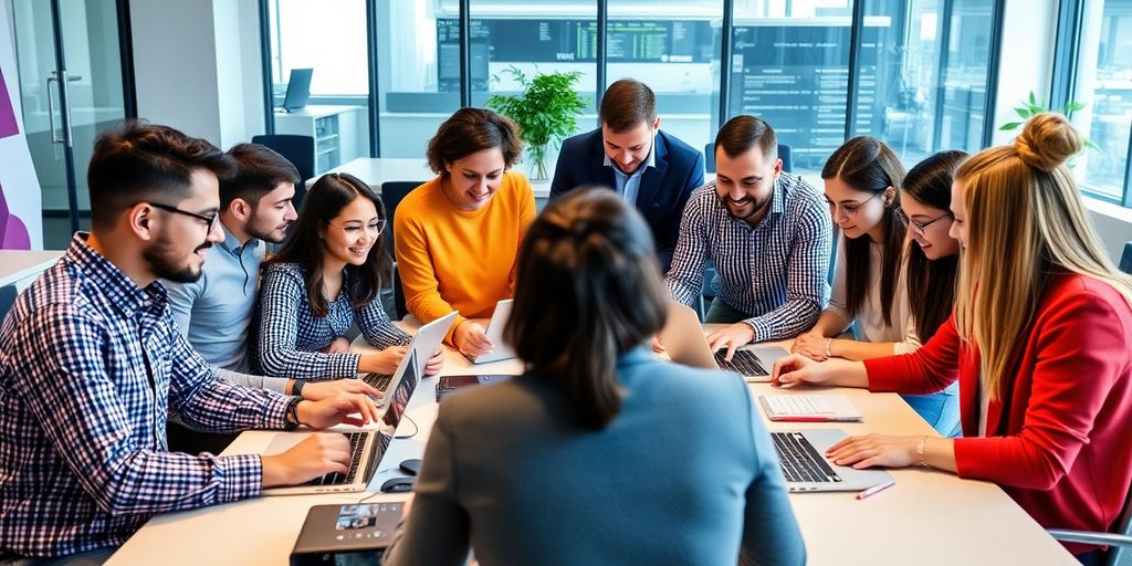 Diverse team collaborating on aws blockchain technology in office.