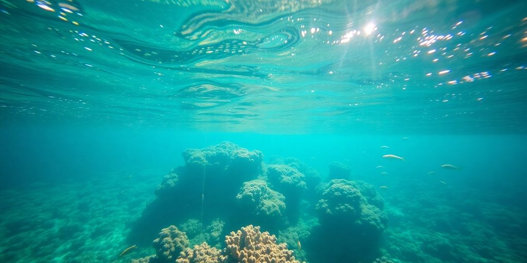 Turquoise water, coral reef, and colorful fish underwater.