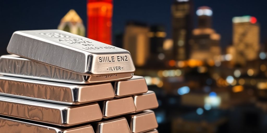 Shiny silver bars with Dallas skyline in the background.
