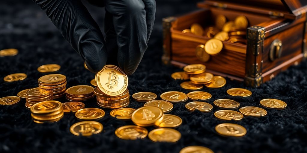 金币、金锭、打开的箱子、拿着金子的手。