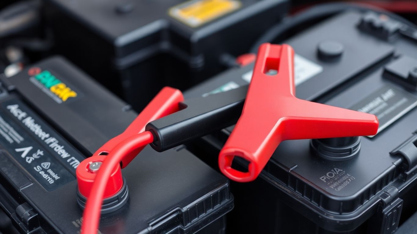 Jumper cables connecting car batteries for a jump-start.