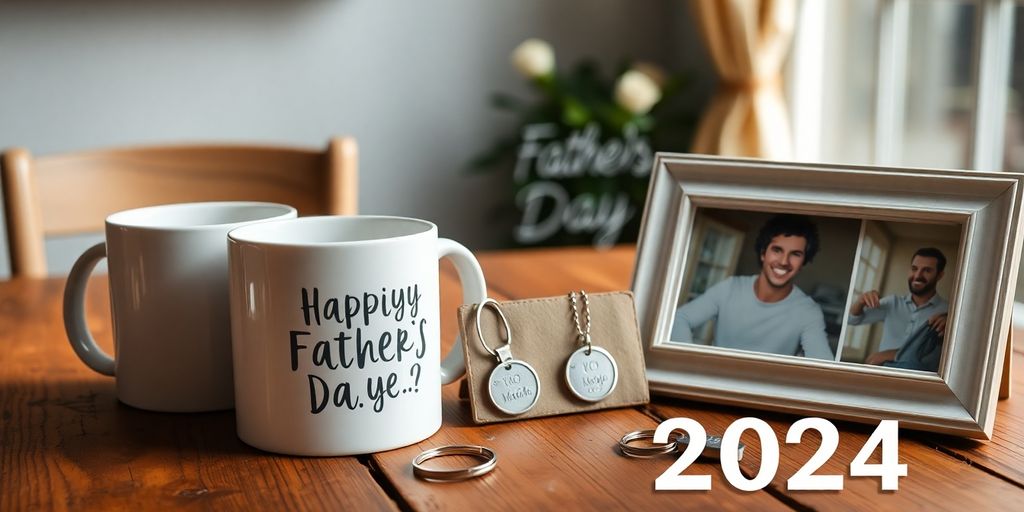 Personalized Father's Day gifts like mugs and photo frames.