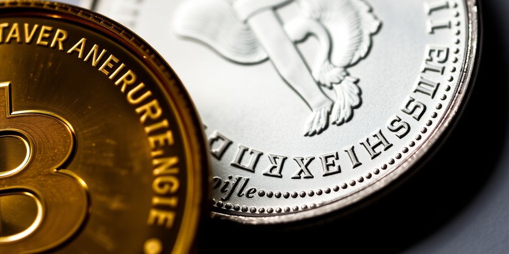 Une main tenant une pièce d'or et une pièce d'argent.
