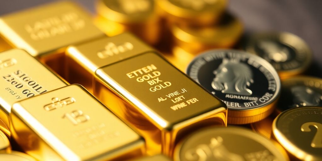 Barres d'or et pièces de monnaie brillantes.