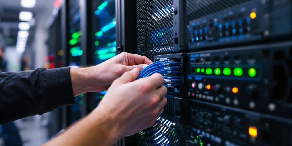 Technician connecting network cables in a server room.